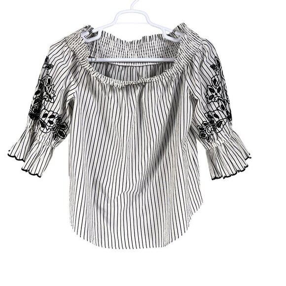 Chicos NWT Womens 3X Smocked Off Shoulder Poplin Tunic Top Embroidery 3/4 Sleeve - Picture 5 of 11